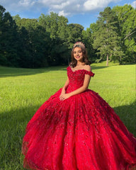 Ball Gown Lace Off-the-Shoulder Red Quinceanera Dress