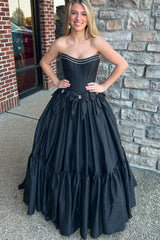 Ball Gown Scoop Neck Satin Long Prom Dresses with Beading