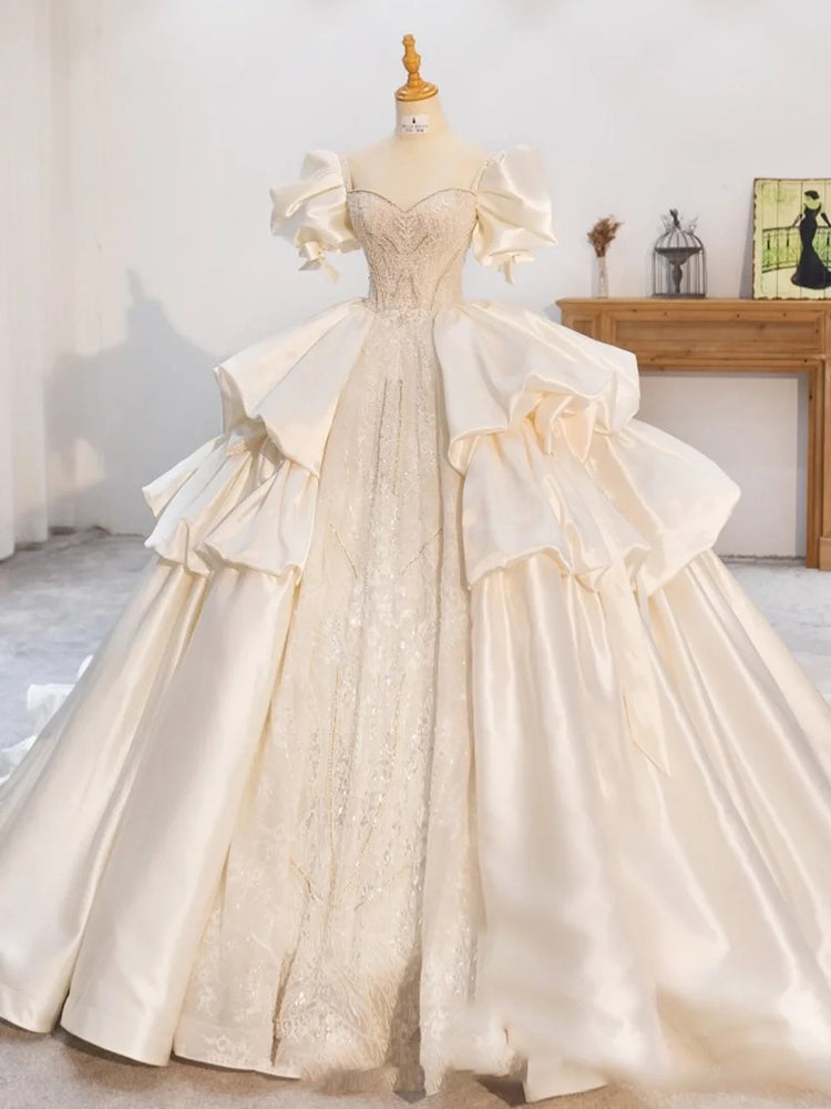 Ball Gown Square Beading Puff Sleeve Wedding Dress