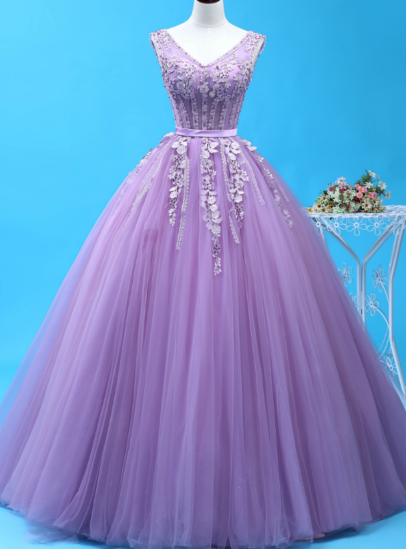 Be The Prom Queen In Purple Ball Gown Tulle V-neck Appliques Beading Quinceanera Dress