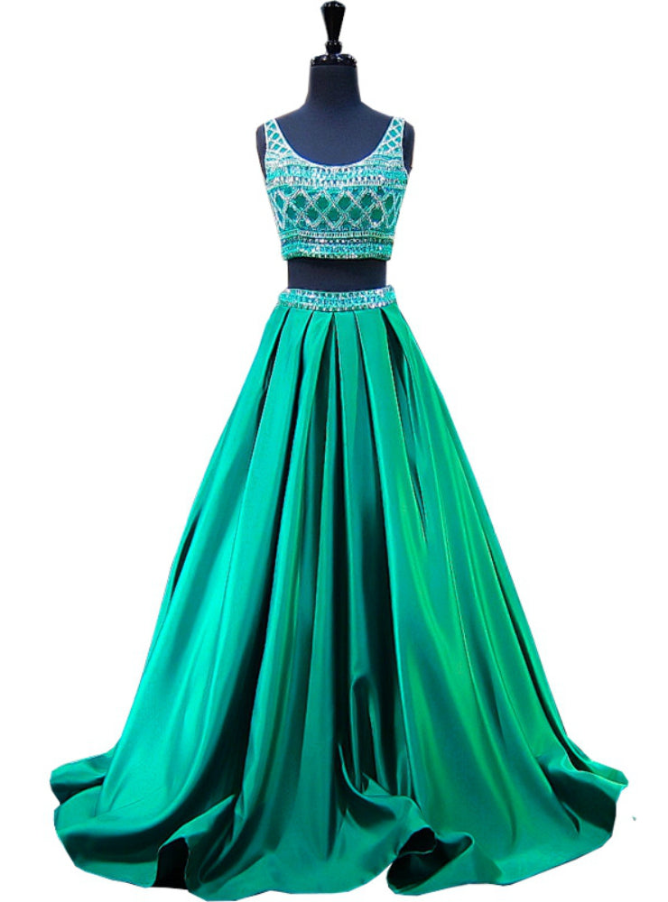 Beaded Crystals Beaded Floor Length Backless Two Piece Prom Dress