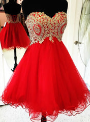 Beautiful Red School Homecoming Dresses Sweetheart Gold Applique