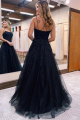 Black A-Line Tulle Long Prom Dress with Lace