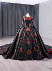 Black Ball Gown Long Sleeve Flower Prom Dress