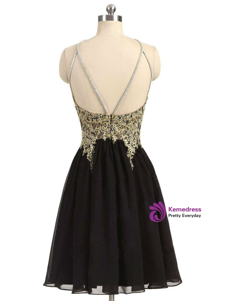 Black Chiffon Homecoming Dress,Gold Beading Lace Halter Graduation Dress