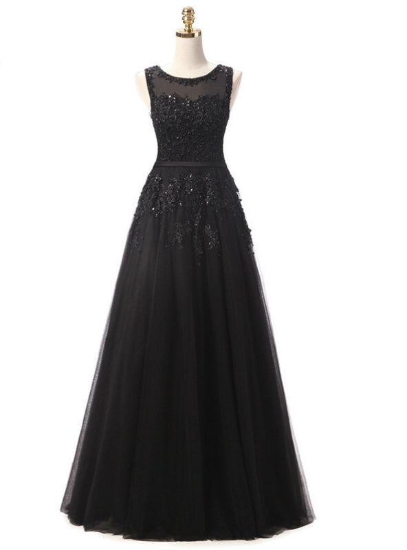 Black Lace Beading Scoop Sleeveless Bridesmaid Dress