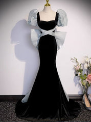 Black Mermaid Square Neck Puff Sleeve Prom Dress