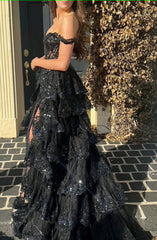 black off the shoulder tiered prom dress