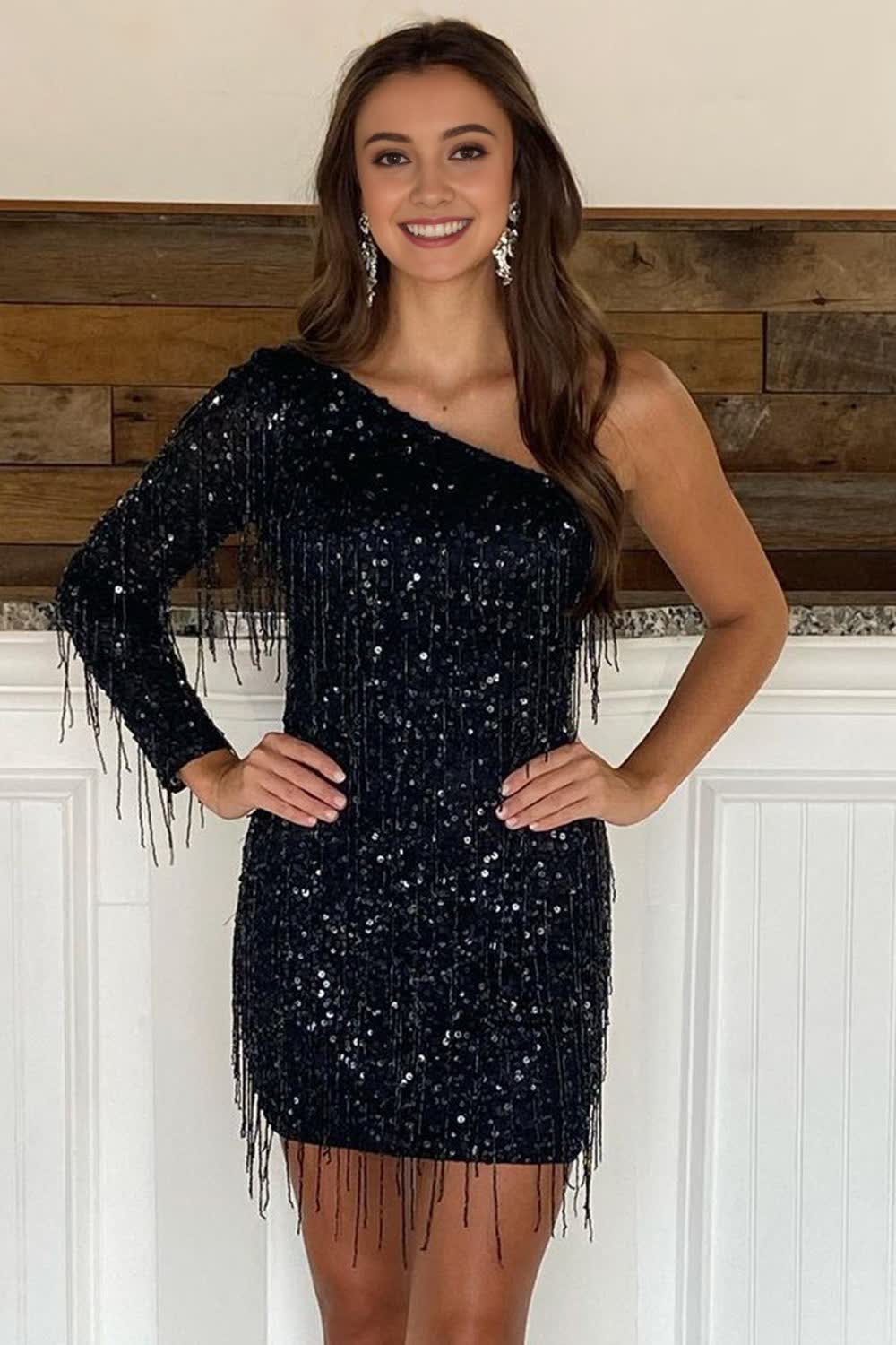 Black One Shoulder Sequins Short Homecoming Dress with Fringes