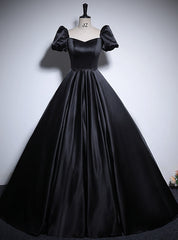 Black Satin Puff Sleeve Square Neck Prom Dress