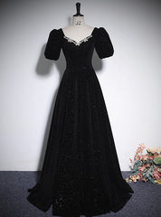 Black Short Sleeve Crystal Prom Dress