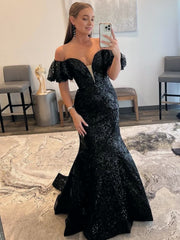 Black Strapless Sequins Long Mermaid Prom Dress