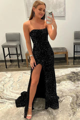 black strapless sequins prom dress with slit