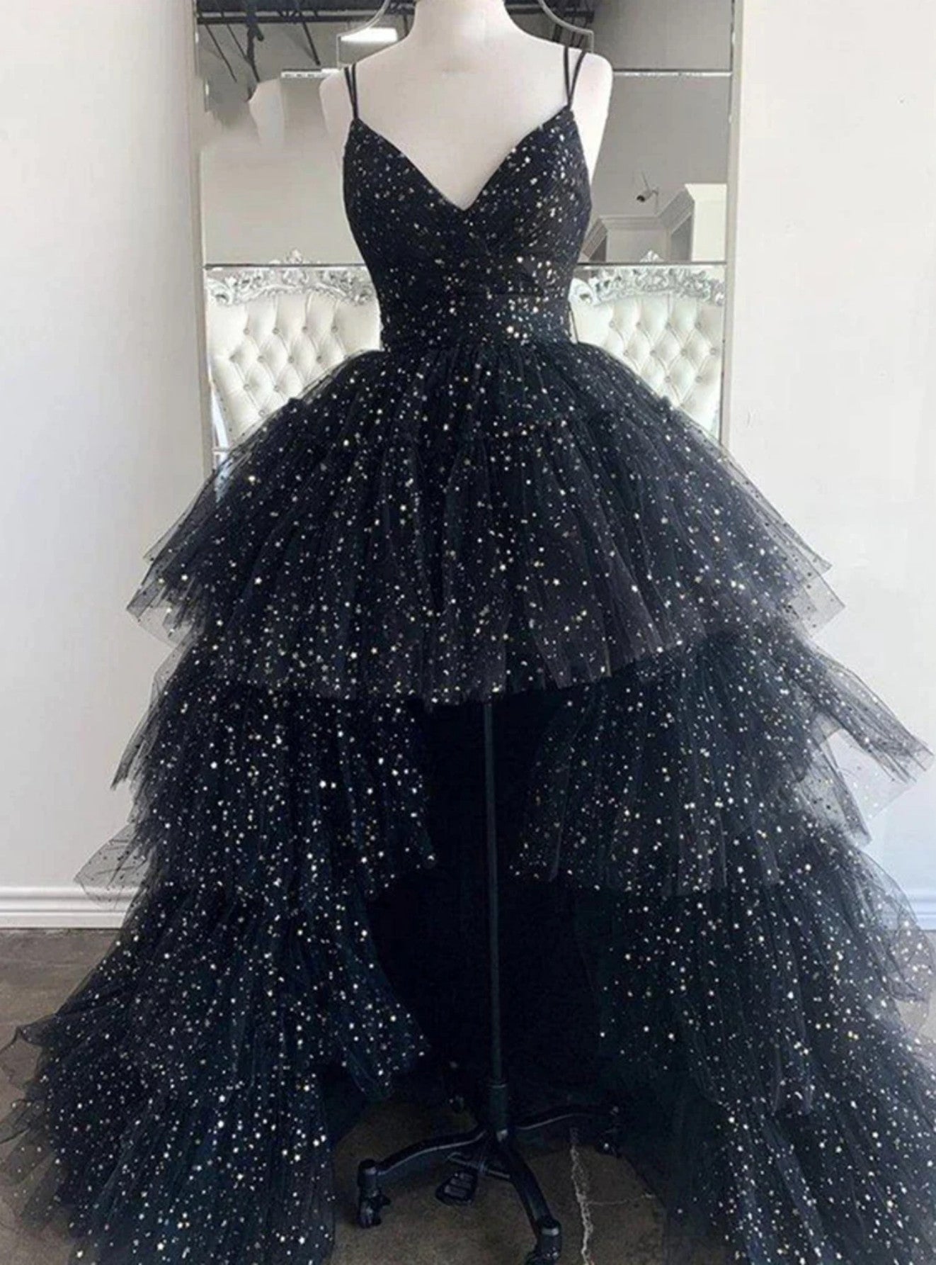 Black Tulle  Spaghetti Straps Prom Dress