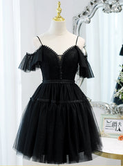 Black Tulle Lace Spaghetti Straps Button Homecoming Dress