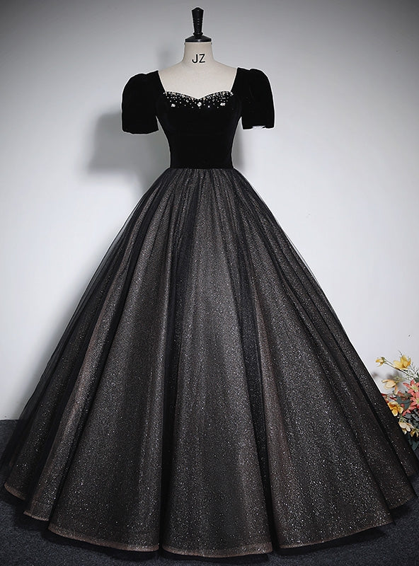 Black Tulle Sequins Square Neck Short Sleeve Beading Quinceanera Dress