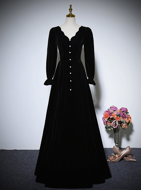 Black Velvet Long Sleeve V-neck Prom Dress