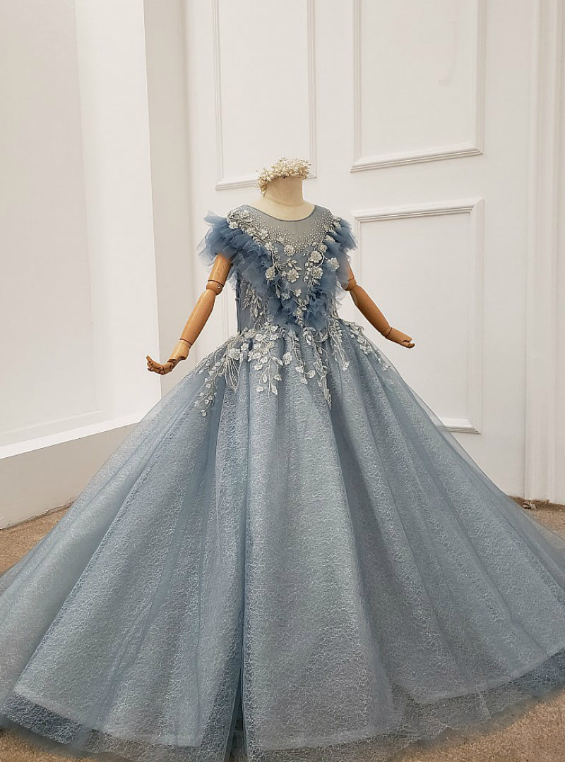 Blue Ball Gown Tulle Appliques Beading Flwoer Girl Dress