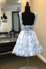 Blue Floral Printed Spaghetti Straps A-Line Short Corset Homecoming Dress