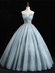 Blue Gray Ball Gown Tulle Sequins Beading Quinceanera Dress