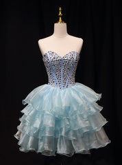 Blue Organza Crystal Homecoming Dress