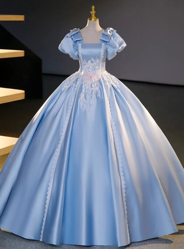 Blue Satin Puff Sleeve Appliques Quinceanera Dress