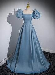 Blue Satin Puff Sleeve Square Neck Prom Dress