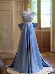 Blue Satin Sequins V-neck Prom Dress