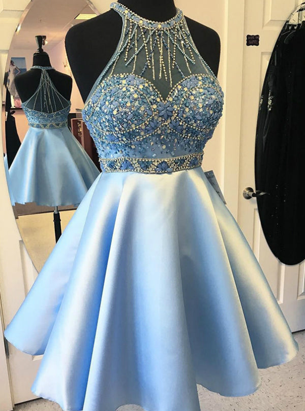 Blue Satin Short Homecoming Dress with Beading and Crystals