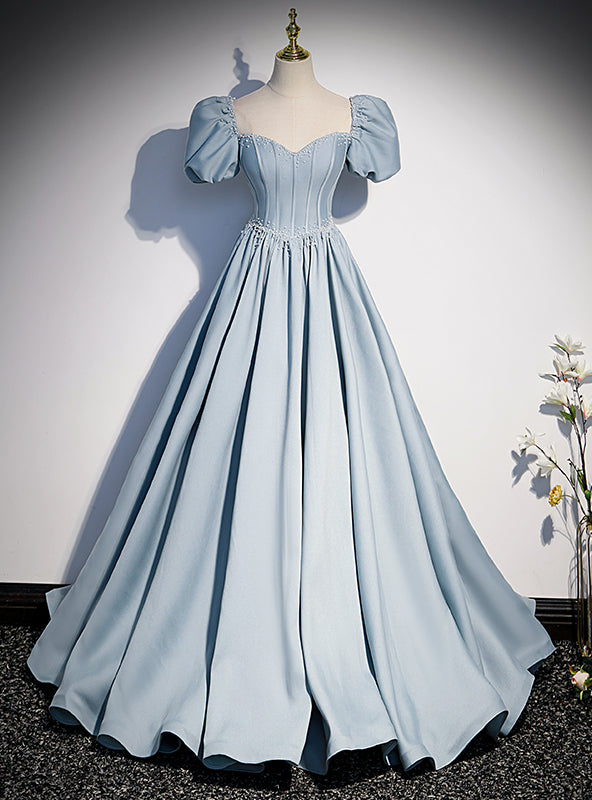 Blue Satin Square Puff Sleeve Pearls Prom Dress