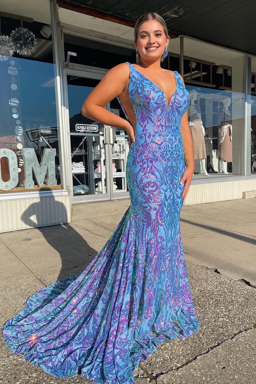 Blue Sequins V-Neck Mermaid Prom Dress