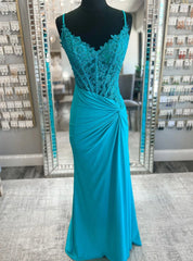 Blue Sheath Straps Appliques Beading Prom Dress