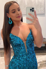 Blue Strapless Sequin Prom Dress with Slit