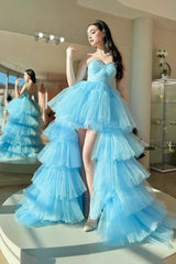 Blue Sweetheart Neck Tulle Long Prom Dress, Beautiful A-Line High Low Party Dress