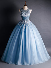 Blue Tulle Appliques Beading Pleats Quinceanera Dress