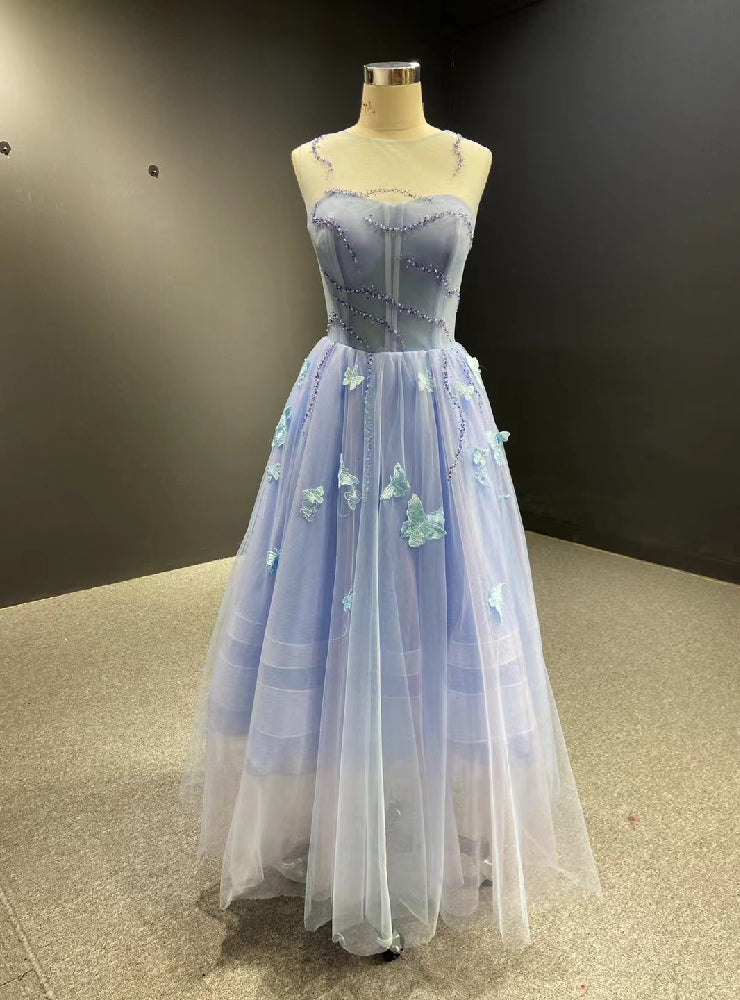 Blue Tulle Appliques Beading Prom Dress