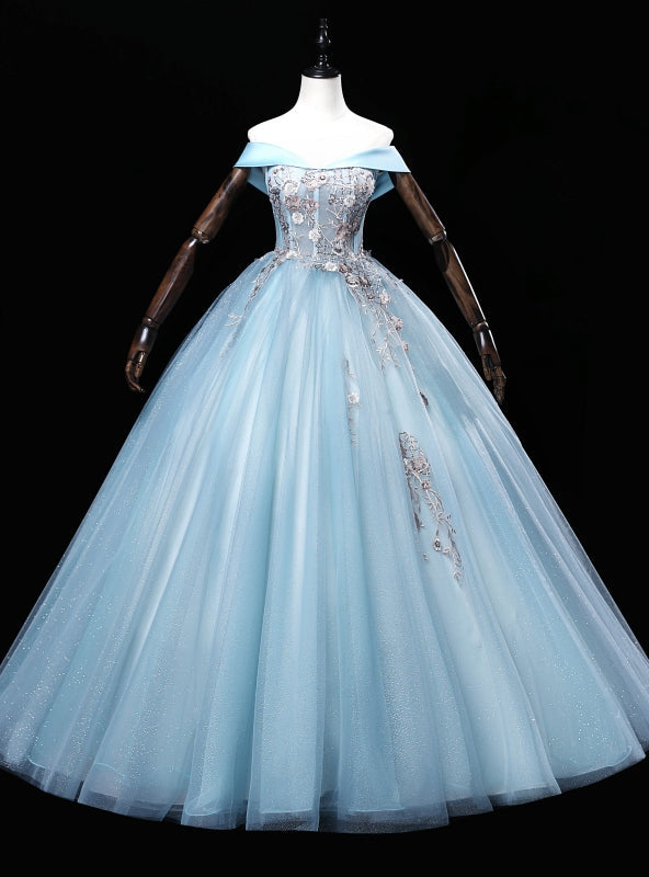 Blue Tulle Embroidery Sequins Off the Shoulder Quinceanera Dress