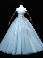 Blue Tulle Embroidery Sequins Off the Shoulder Quinceanera Dress