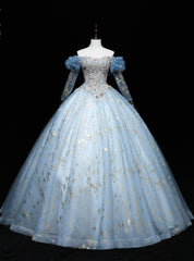 Blue Tulle Long Sleeve Beading Quinceanera Dress