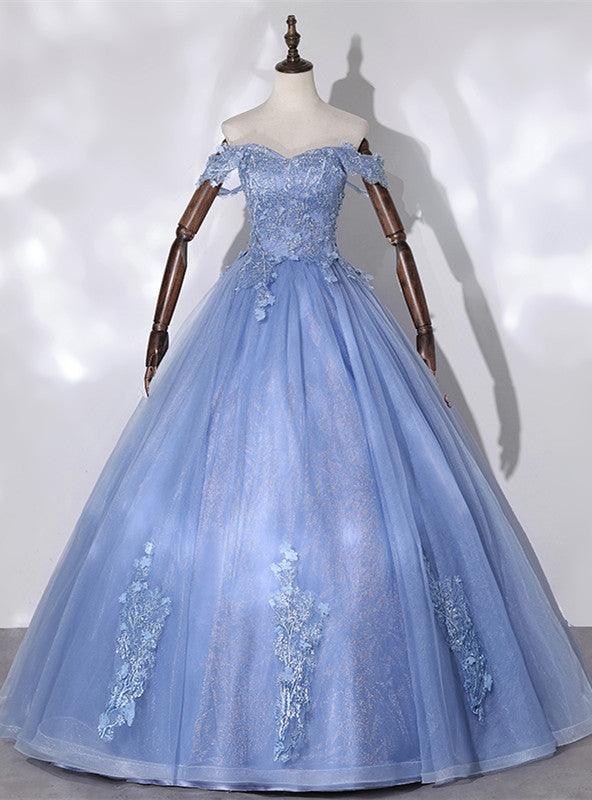 Blue Tulle Off the Shoulder Appliques Beading Quinceanera Dress