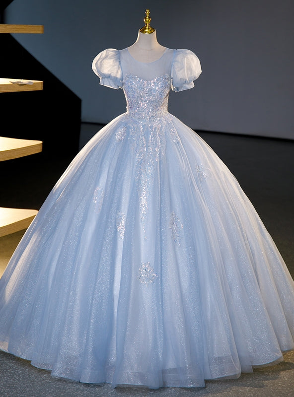 Blue Tulle Puff Sleeve Backless Sequins Quinceanera Dress