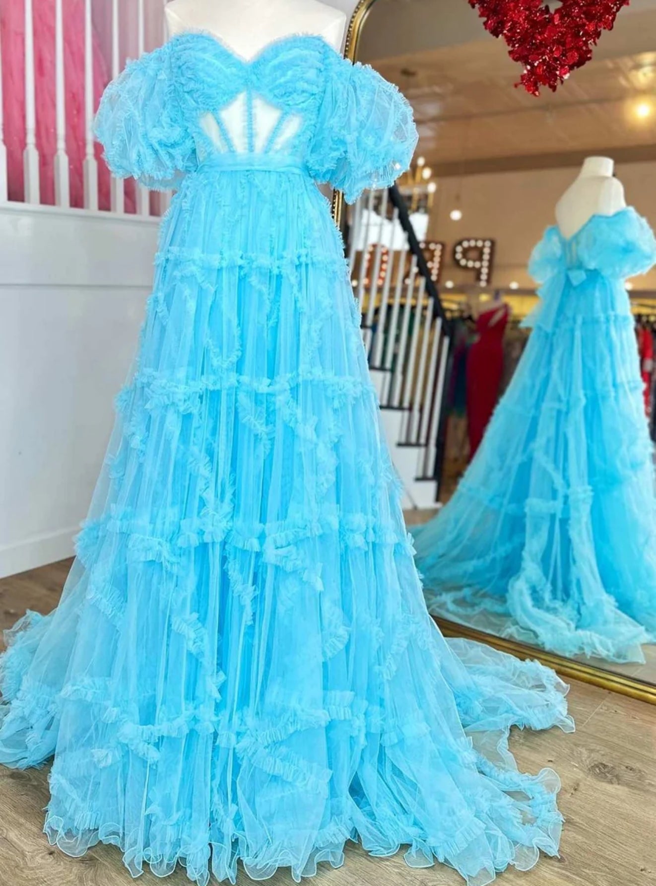 Blue Tulle Puff Sleeve Prom Dress