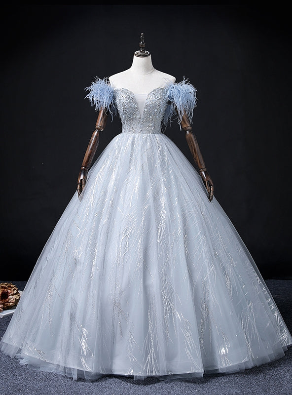 Blue Tulle Sequins Beading Feather Quinceanera Dress