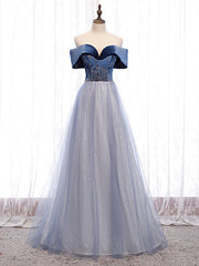 Blue Tulle Sequins Beading Off the Shoulder Prom Dress