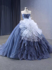 Blue Tulle Sequins Strapless Prom Dress With Detachable Puff Tulle