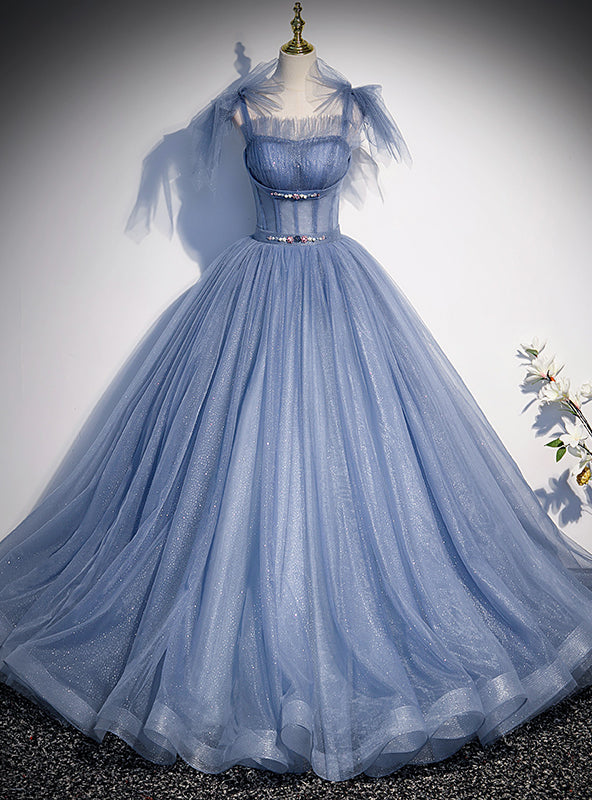 Blue Tulle Sequins Straps Pleats Prom Dress