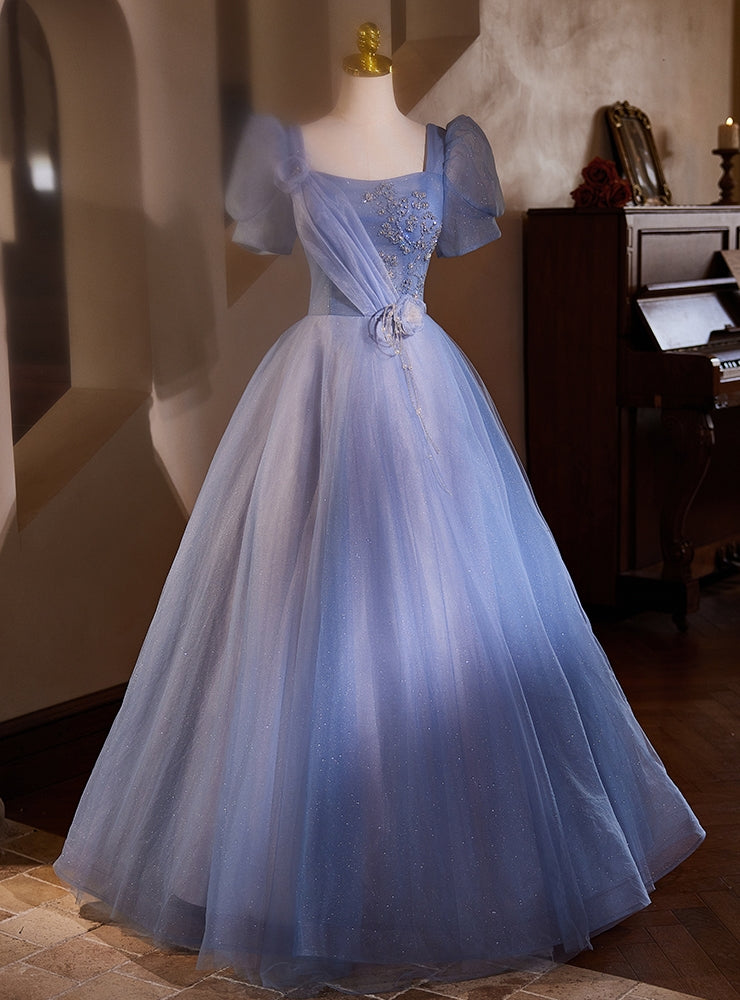 Blue Tulle Square Neck Short Sleeve Beading Flower Prom Dress