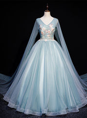 Blue Tulle V-neck Appliques Pleats Quinceanera Dress