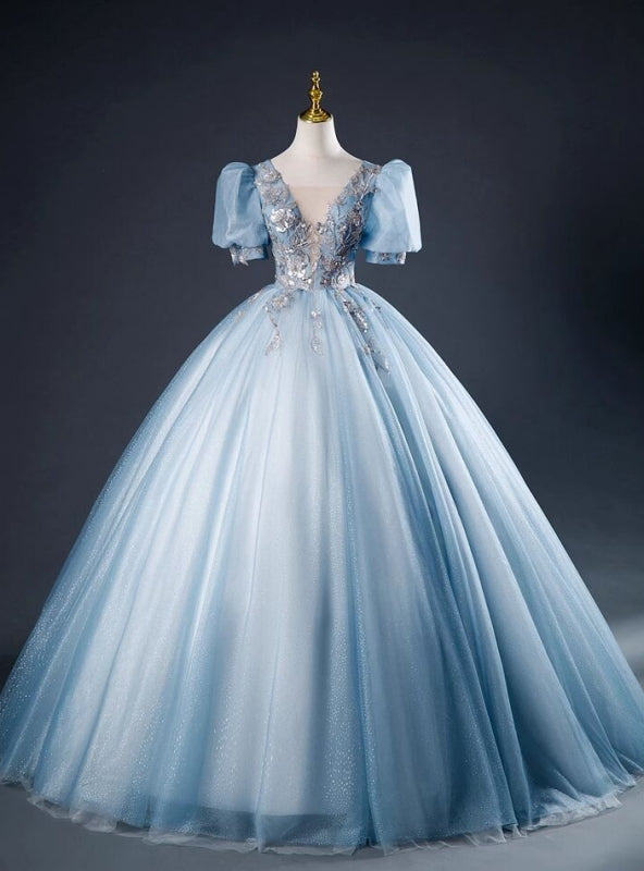 Blue Tulle V-neck Puff Sleeve Quinceanera Dress