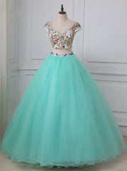 Blue Two Piece Tulle Backless Cap Sleeve Quinceanera Dress